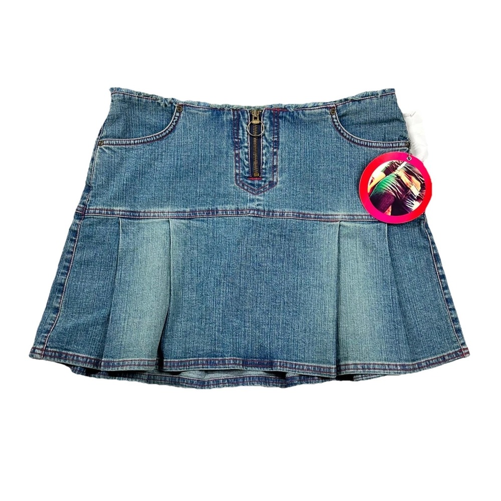 Vintage Glo Skirt Junior 11 Denim Pleated Raw Hem Waist Ring Zipper Low Rise Y2K